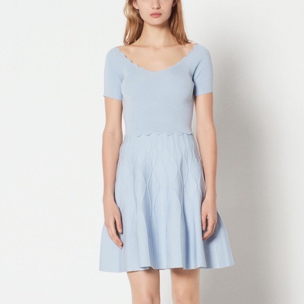 ❤️Sandro Meissa Baby Blue Fit & Flare Knit Scalloped Neck Dress Size S